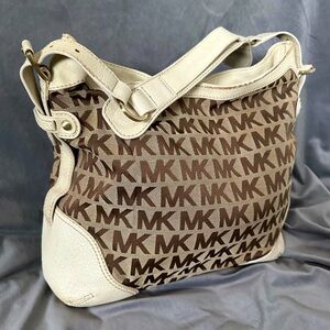 Michael Kors Shoulder Bag- Brown Tan Cream Leather-Monogram Bucket Hobo Work Bag